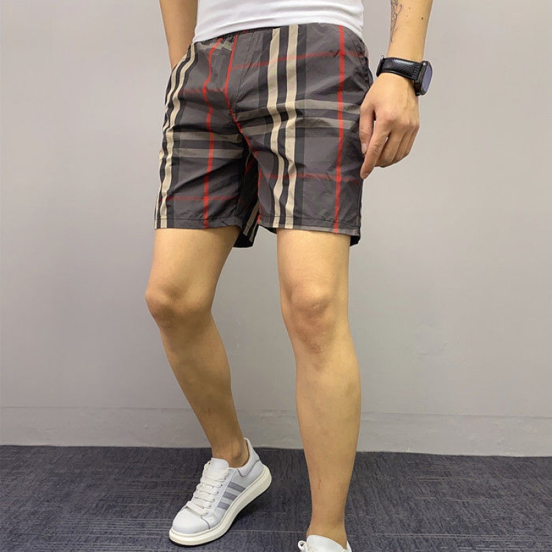 4分裤男快手红人同款社会精神小伙五分格子男短裤韩版修身速干弹力