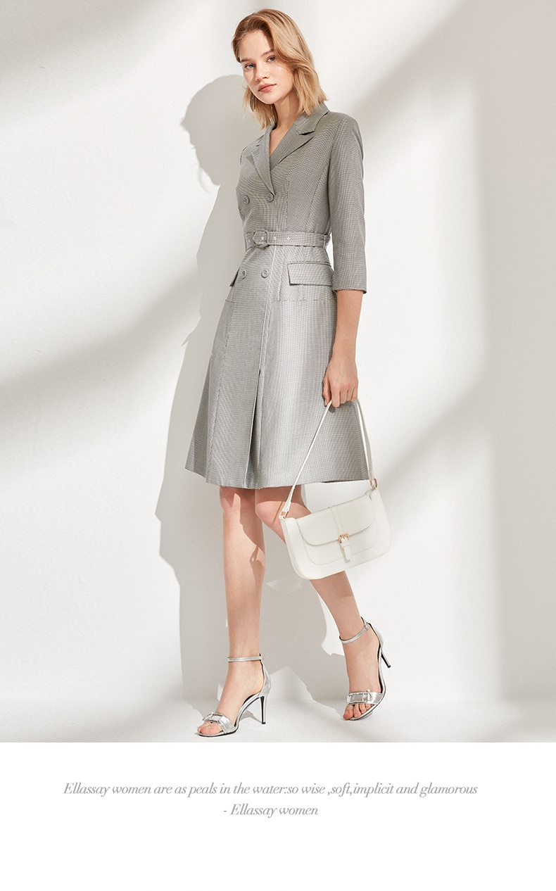 ellassay歌力思2021春夏新款翻领复古细格纹七分袖连衣裙 灰格子 l