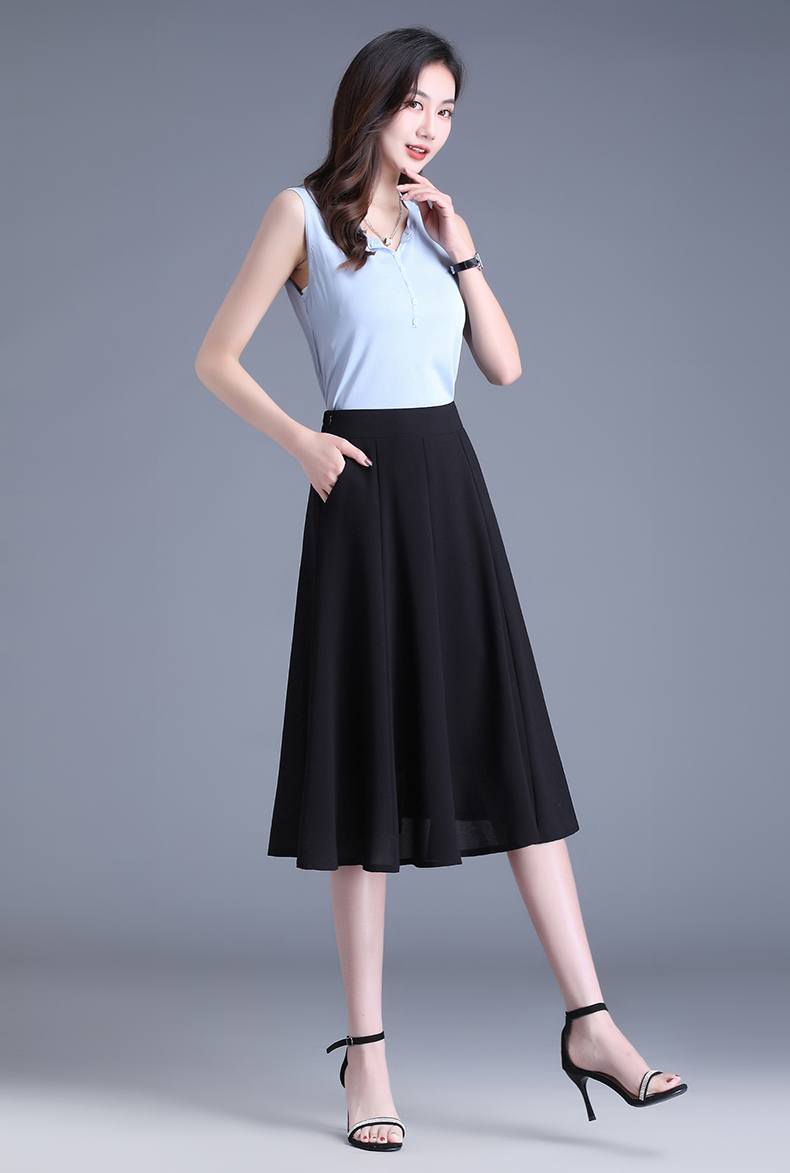 中老年人女装短裙中老年半身裙夏季女雪纺a字百褶裙高腰黑色妈妈老年