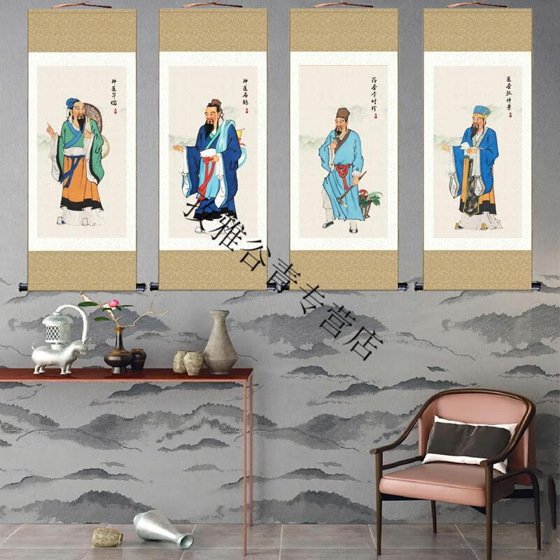 四大名医华佗扁鹊张仲景画像壁画中医养生馆理疗馆装饰画 扁鹊-灰绿色