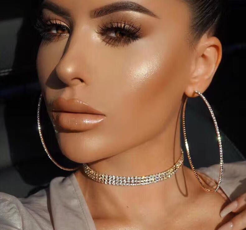 圆圈镶钻个性带水钻耳环跨境夸张女欧美7厘米大耳圈时尚圆形耳钉饰 欧