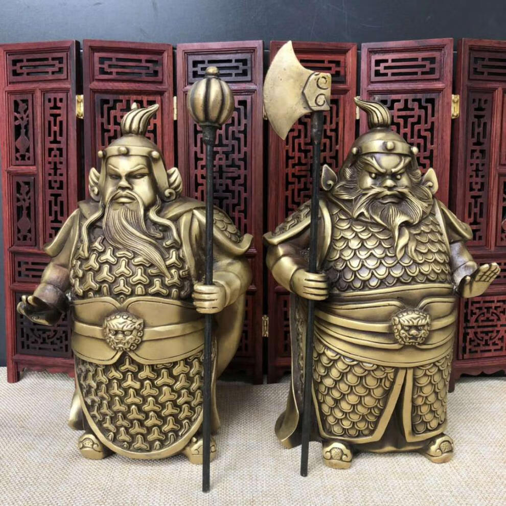 门神摆件 纯铜哼哈二将门神一对摆件装饰品乔迁入宅礼品 桔色 黄色