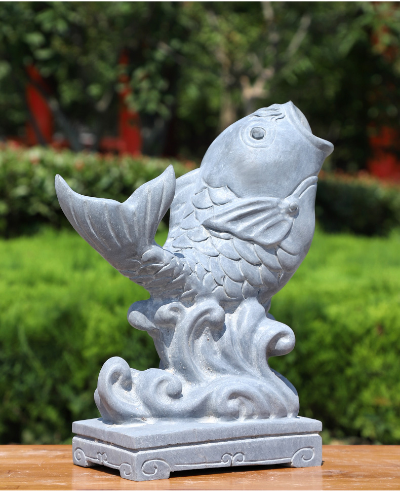 石雕石头青石吐水鱼喷水鱼园林造景流水摆件墙壁鱼池户外装饰高32长27