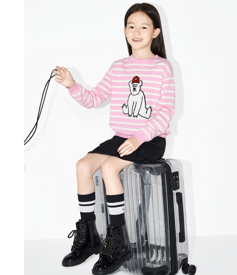 little moco童装冬装新款男女儿童北极熊条纹保暖毛衣潮童 黄白条 110