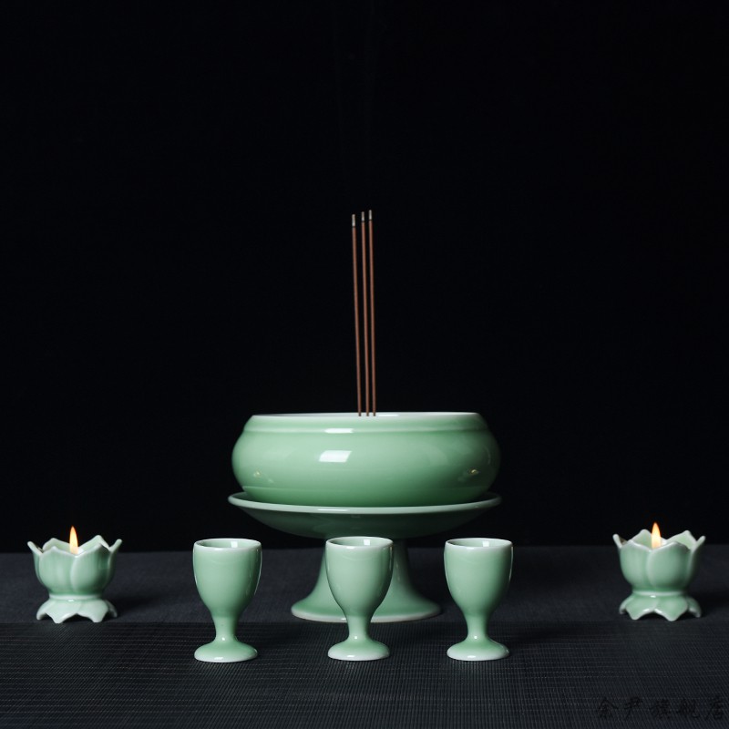 旗舰京选青釉瓷香台青瓷香炉供具陶瓷供奉套装高脚酒杯供杯莲花烛台供