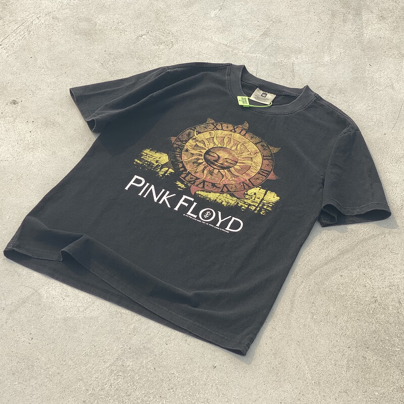 佐倾vtg太阳神pinkfloyd复古潮流男女宽松水洗做旧短袖t恤夏洗水黑s