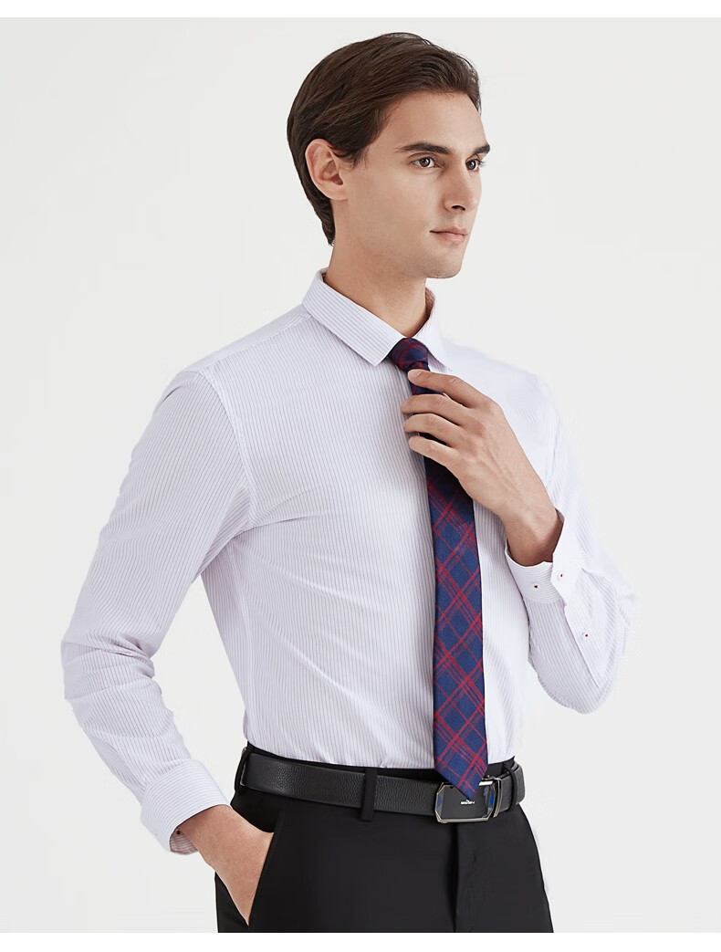 柒牌衬衫男长袖商务条纹2021春季新款男士职场男装青年百搭衬衣天蓝