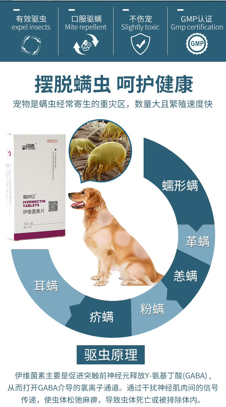 伊维菌素片狗狗体内外体外驱虫药一体皮肤病疥螨耳螨金毛打虫药