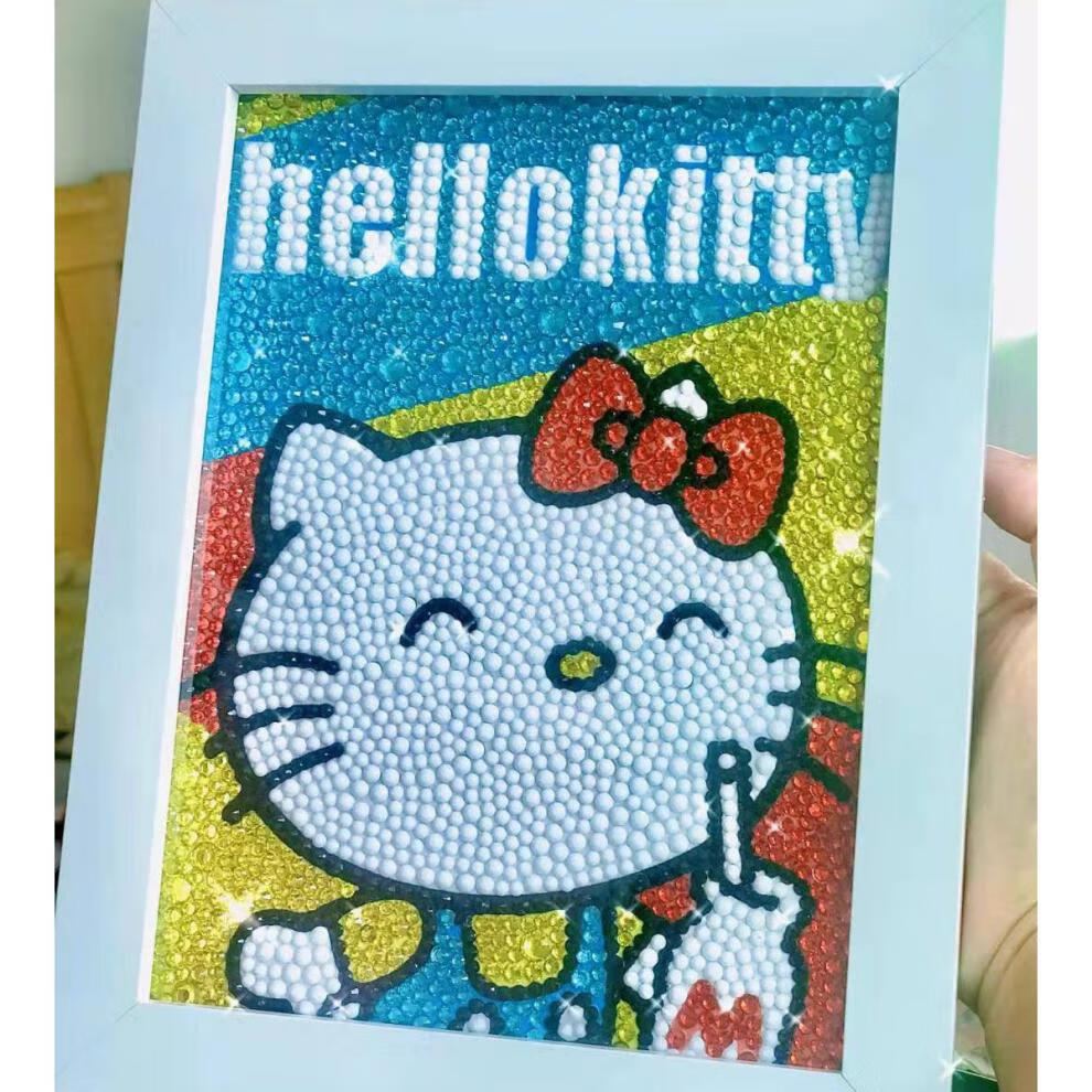 hellokitty钻石画满钻粉色带框儿童手工diy制作kitty猫生日礼物kt02