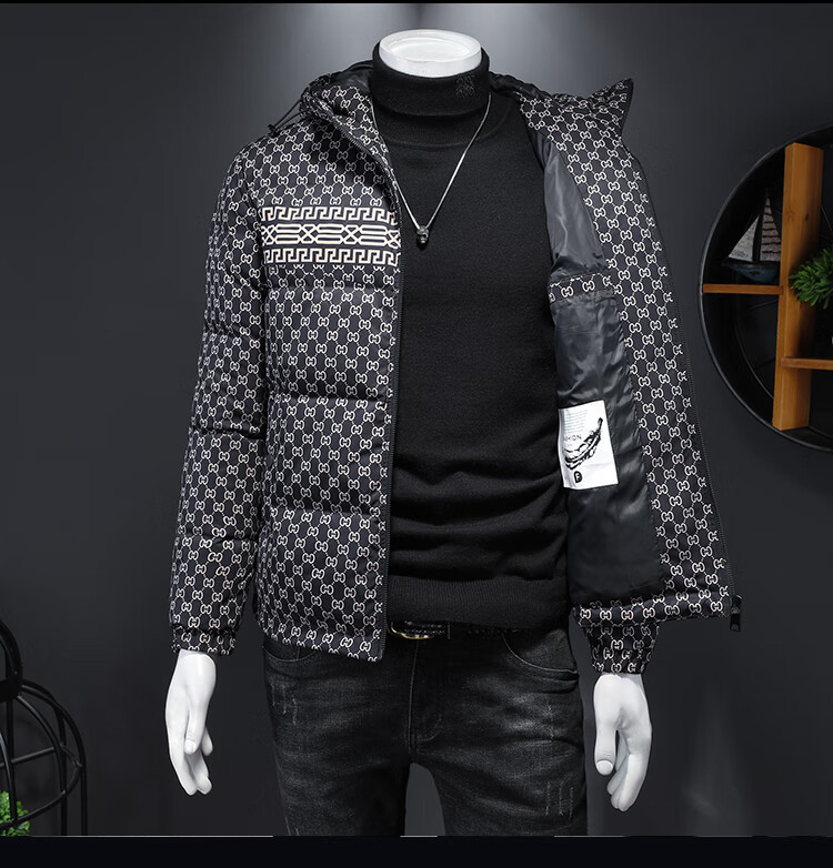 其欧洲站冬季连帽羽绒服男社会人休闲风个性印花瓦萨琪外套男装潮牌