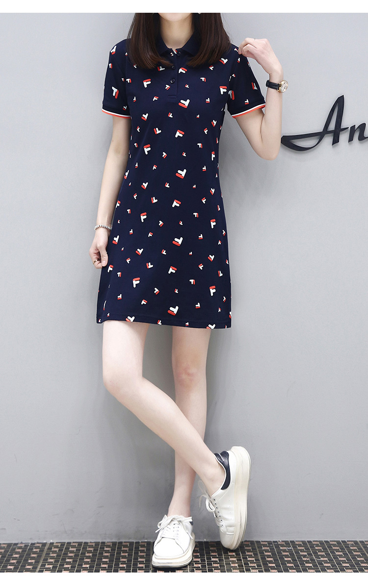 七屿鹿欧美polo领休闲运动印花连衣裙2021新款夏女遮肚显瘦纯棉t恤