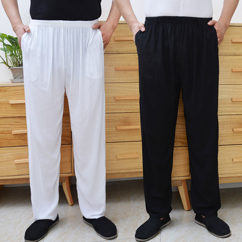 中老年男士棉绸裤子夏季老年人纯色绵绸男女通用黑色人造棉长裤子仓梵