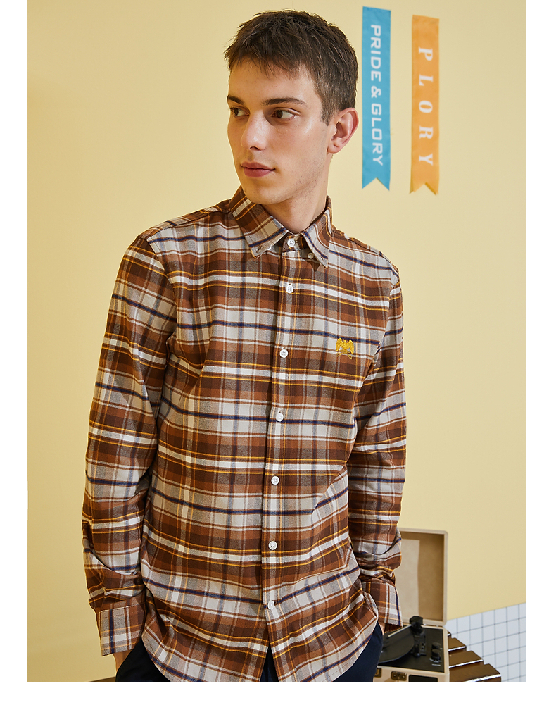 plory秋冬新品撞色格纹老鹰刺绣男休闲衬衣衬衫poycb4903h酒红色170