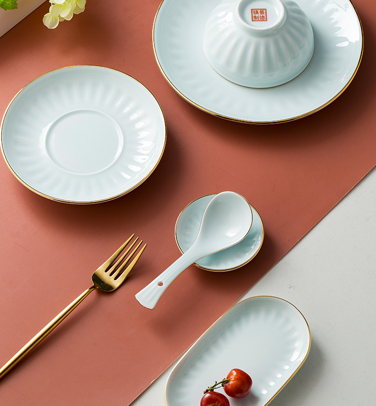 柳家窑釉下彩酒店摆台金边青瓷餐具会所摆盘套装碗碟套装家用餐具罗马