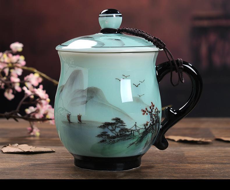 景德镇陶瓷杯带盖手绘茶杯套装家用办公会议杯个人马克水杯子礼品c款