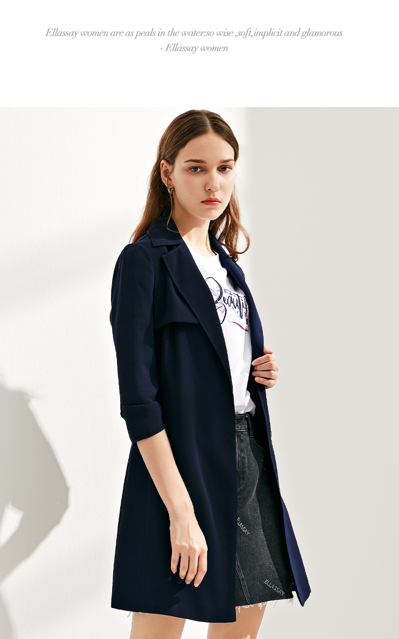ellassay歌力思2021春夏新款经典翻领双排扣收腰休闲中长款风衣 藏
