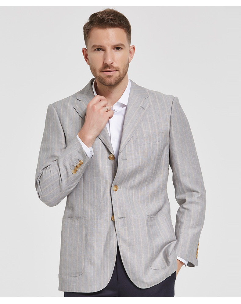 judger庄吉夏季薄款亚麻西服条纹便西装外套商务正装半里西服灰色165