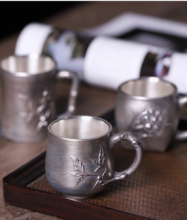 鎏银办公杯小茶杯镶银陶瓷水杯办公室手把个性复古银杯马克杯水杯鎏银