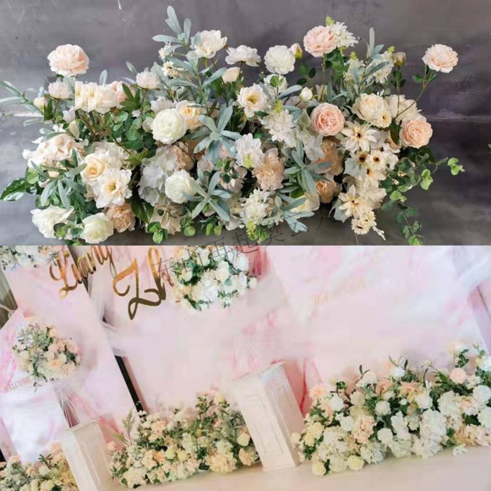 室外婚庆排花舞台t台路引花婚礼堂布置地排花条婚庆装饰酒店仿真花艺