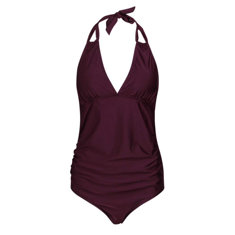 孕妇泳衣欧美孕妇泳衣海边沙滩纯色连体泳装大码性感收腰显瘦保守荷叶