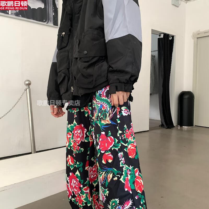 衣服国潮女装抖音网红炸街民族风秋冬东北大花裤子套装黑色花裤子l