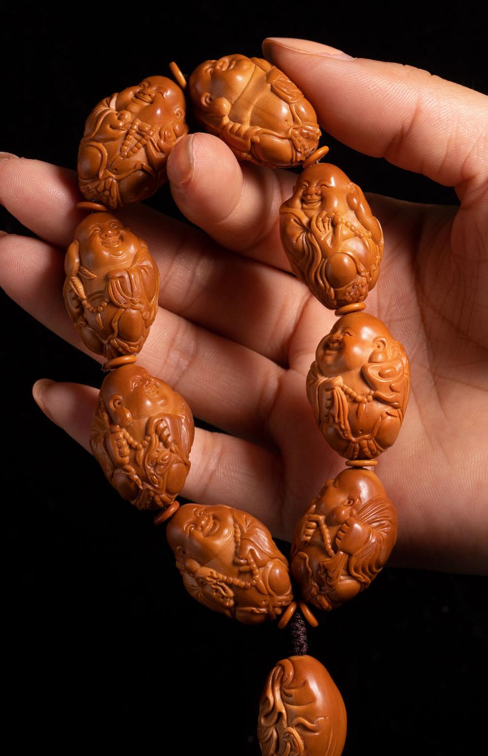 京选好品梅林橄榄核橄榄核雕纯手工精雕刻八宝弥勒笑佛吊坠项链梅林大