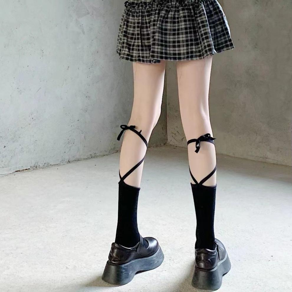 suidou绑带袜子女日系jk系带交叉中筒长袜lolita黑色小腿袜白色ins潮
