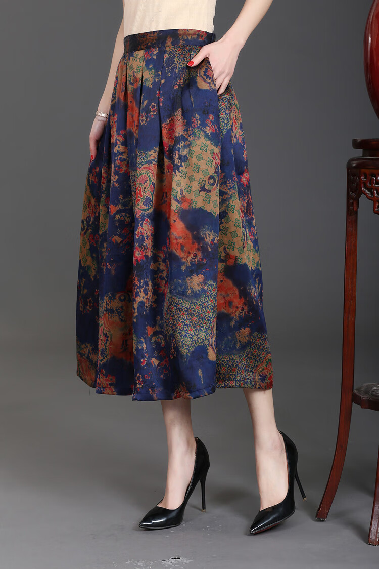 中老年真丝半身裙夏季香云纱大摆裙长款中年女士夏装裙子百搭修身收腰