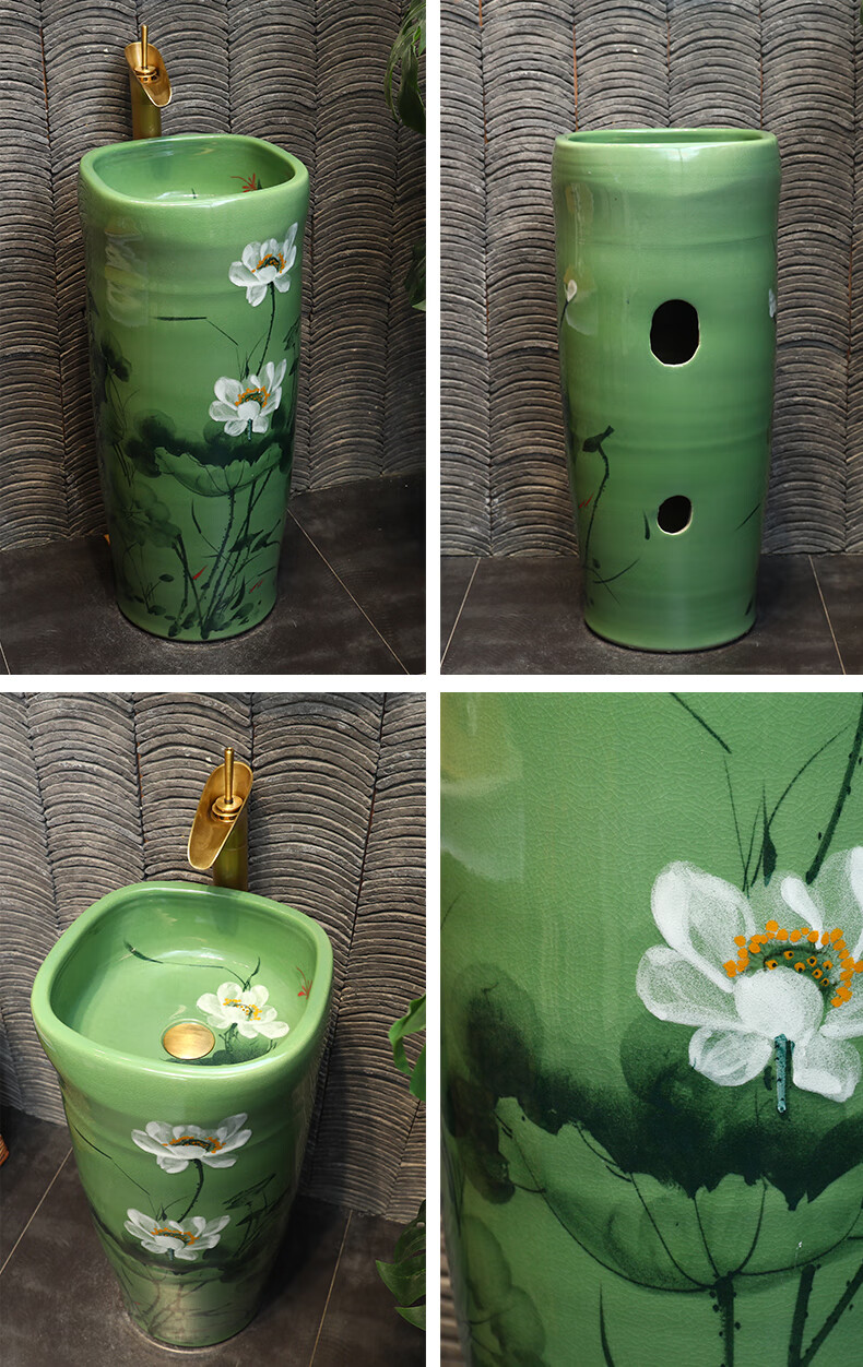 中式荷花立式洗脸盆陶瓷艺术立柱盆庭院阳台落地式洗手盆一体水池镜框