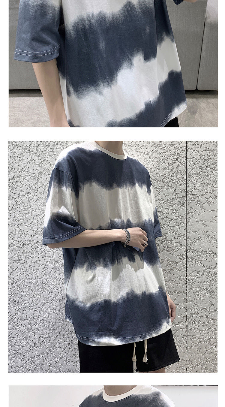 夏季个性时尚扎染条纹短袖t恤男生潮牌潮流情侣百搭宽松半袖体恤白色