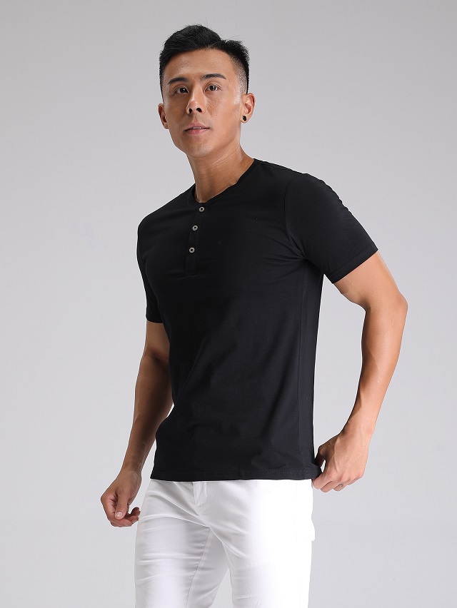 亨利领短袖t恤夏装美式复古男士休闲开领圆领带扣硬汉成熟修身简约色