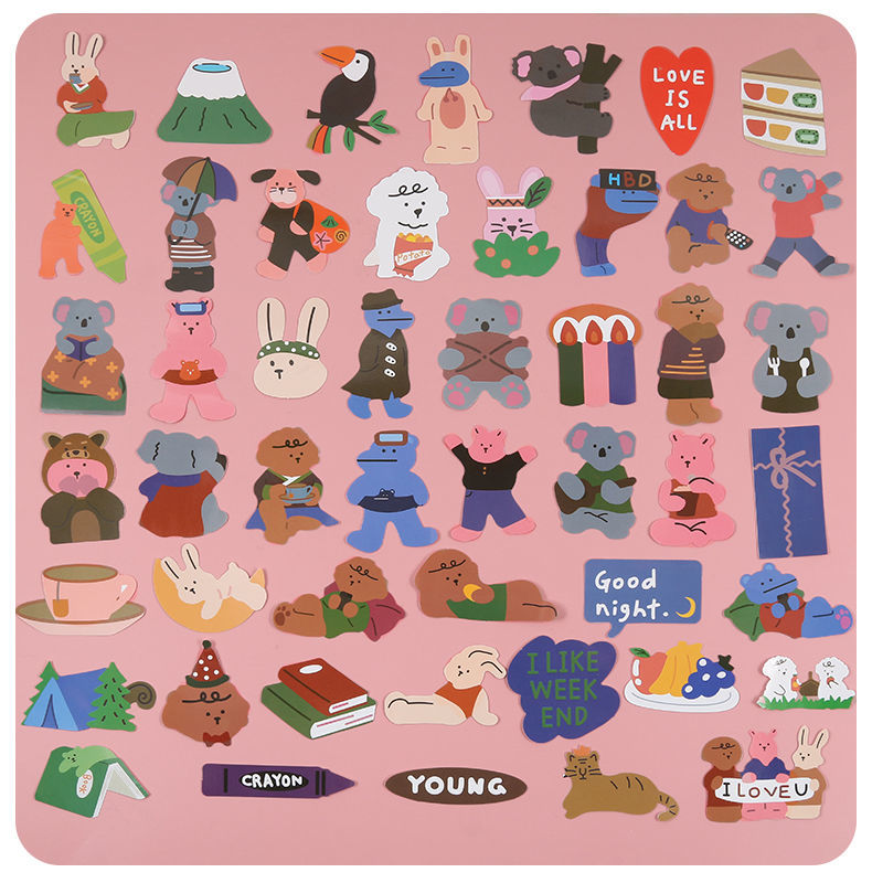 50张不重复韩国in可爱小熊贴纸卡通少女心手账素材装饰防水贴画50张