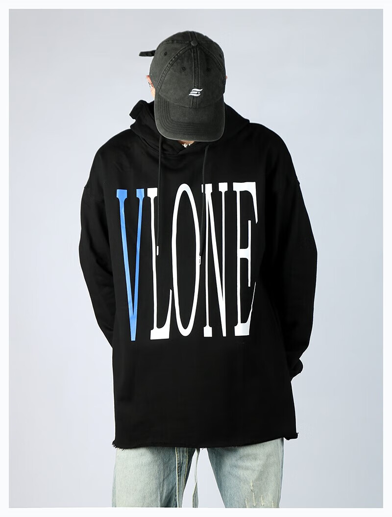 美式潮牌vlone蓝色毒蛇缠绕大v印花下摆毛边宽松oversize男女卫衣