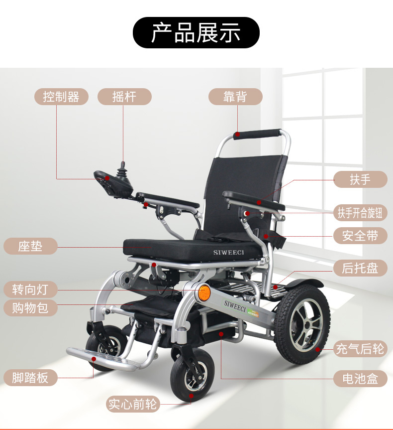 靠背可倾斜,扶手高度可调节,扶手可开合,脚踏可开合类别:电动轮椅国产