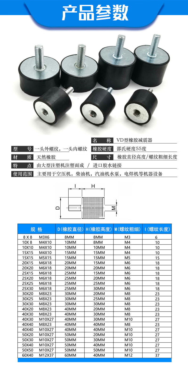 定制橡胶减震器vd型机器缓冲减震胶垫橡胶减震柱圆形防震减震螺丝黑色