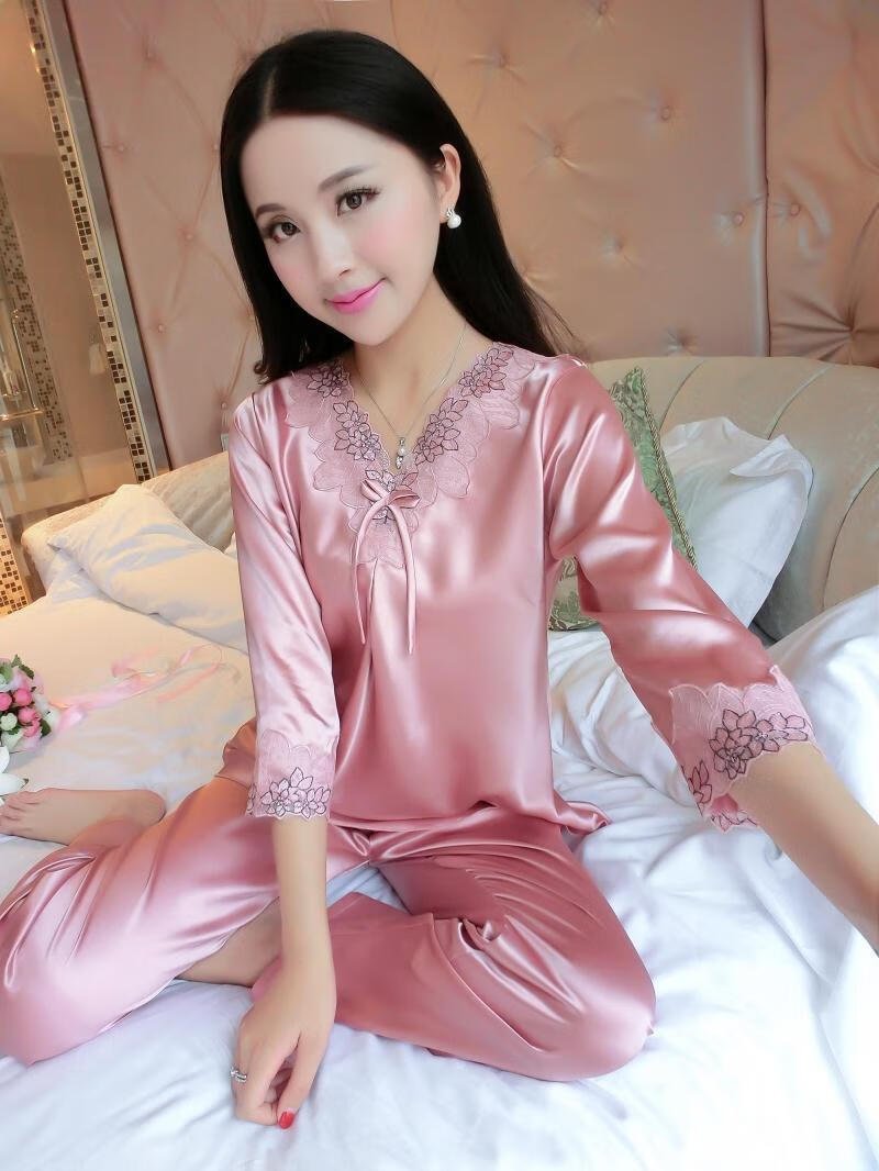 春秋季女士丝绸仿睡衣薄款中袖长裤套装甜美可爱冰丝绸家居服皮