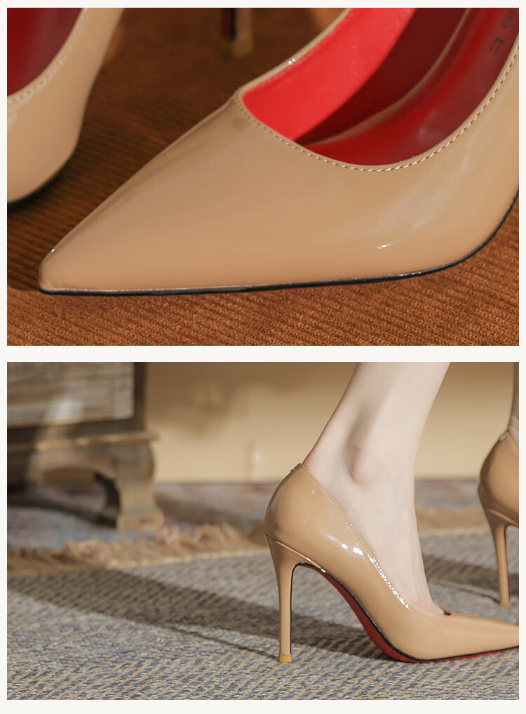 红底高跟鞋10cm超高跟漆皮裸色高跟鞋细跟尖头小跟鞋通勤感红底高跟鞋