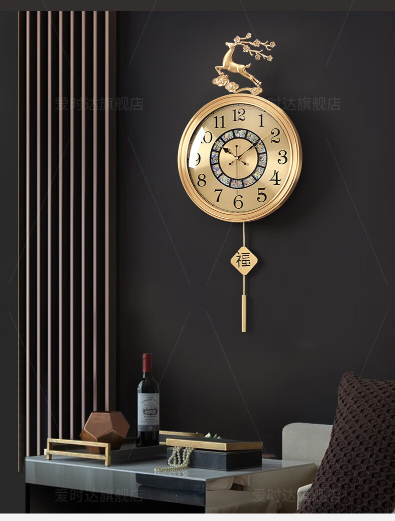 精选好货新中式黄铜挂钟家用墙面壁钟客厅创意表挂墙大厅玄关静音石英