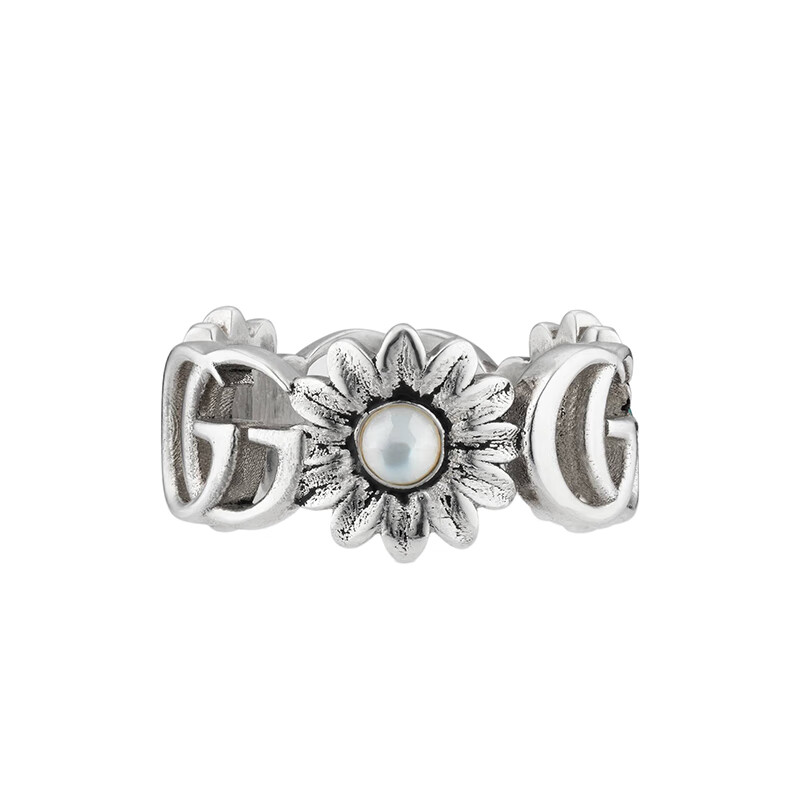 gucci古驰925纯银花朵镶嵌白色珍珠母贝绿松石蓝色托帕石戒指527394j8