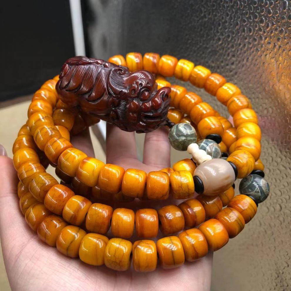 【静黛】 西藏风化老料牦牛骨手串藏式108颗牦牛角手把件脖挂佛珠念珠