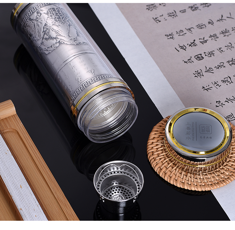 丽江百岁坊足银990上善若水复古足银内胆水杯带茶漏单杯盒送父亲足银