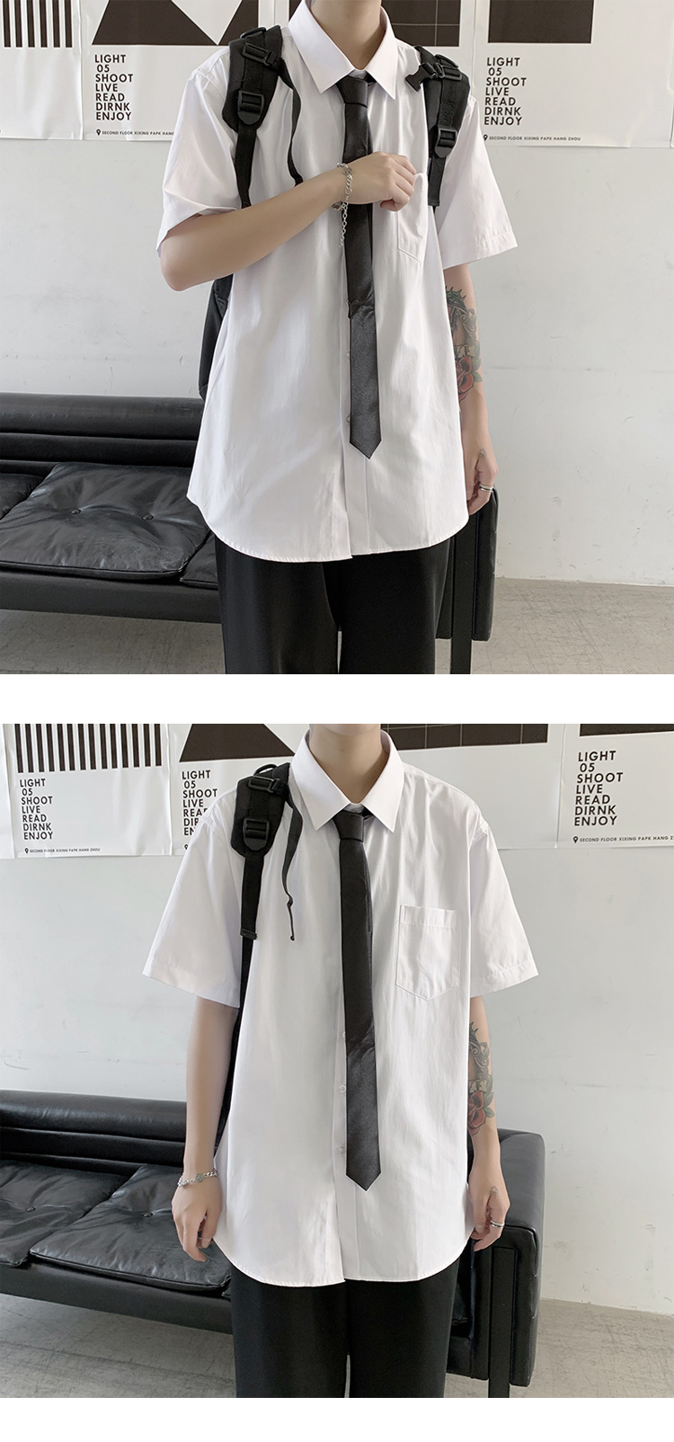 夏季短袖衬衫男白色韩版潮流宽松港风休闲学生套装班服dk制服衬衣1022