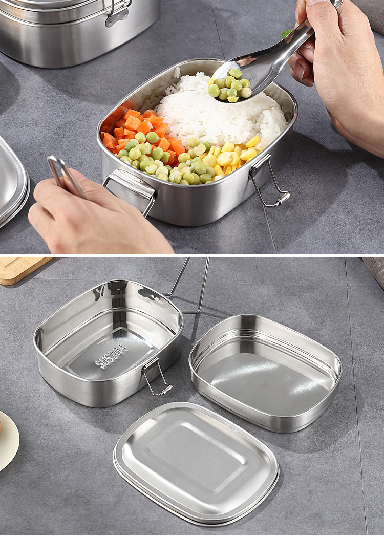 怀旧老式饭盒 老式不锈钢饭盒304铁饭盒方形带盖便当盒食堂蒸饭盒上班