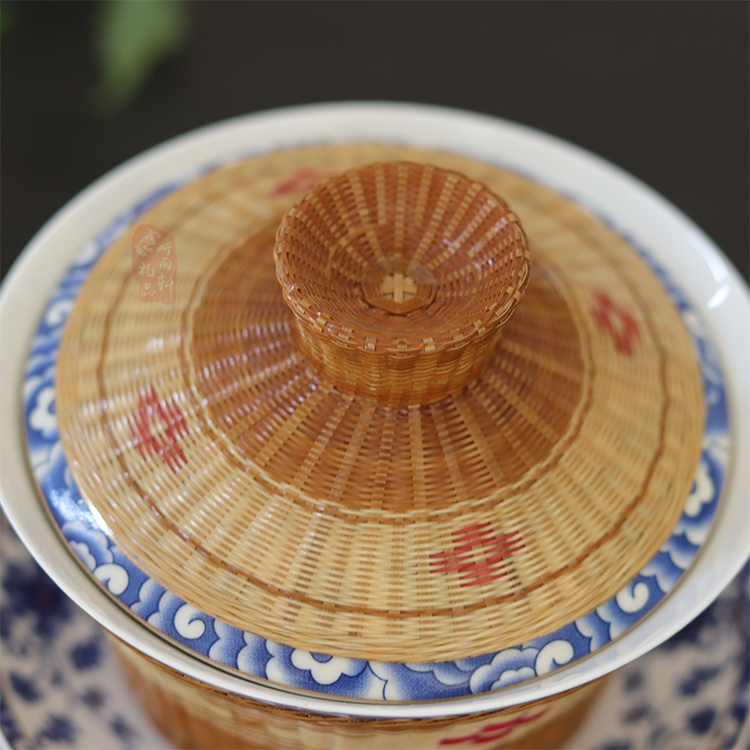 旭矾竹丝扣瓷瓷胎竹编盖碗茶杯四川省非遗竹丝扣瓷茶具三才烤色扣碗纯