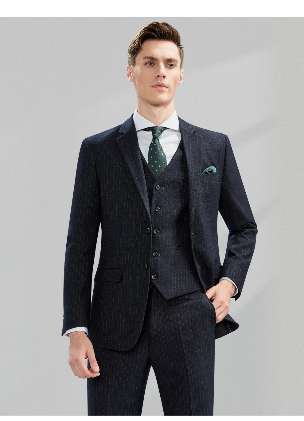 罗蒙romon品牌双排扣西装男套装英伦灰条纹商务休闲西服男正装修身