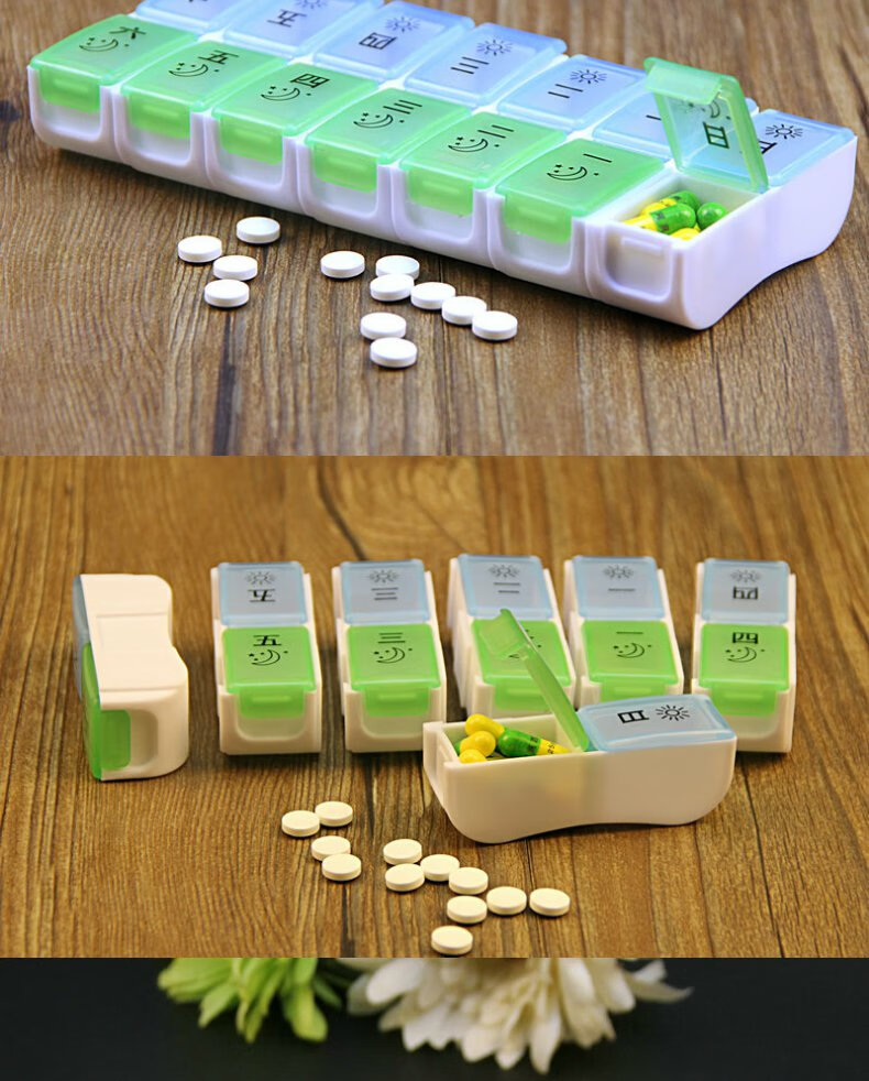 药盒分装早晚老人星期天营养素分类装放药分格盒子一周便携中号蓝绿色