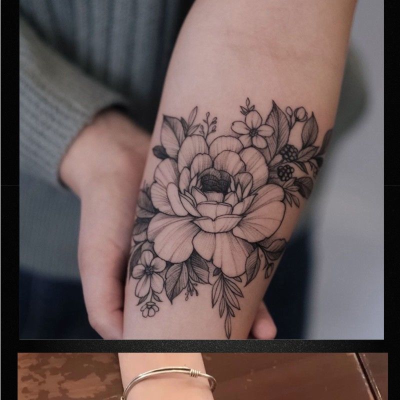 新品纹身贴纸脚环一圈素花纹身贴腿部防水女手臂个性酷素雅花朵素描