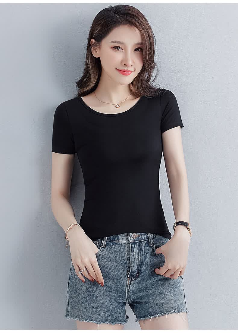 莫代尔短袖t恤女修身圆领黑色体恤ins夏季新款女士贴身上衣打底衫白色
