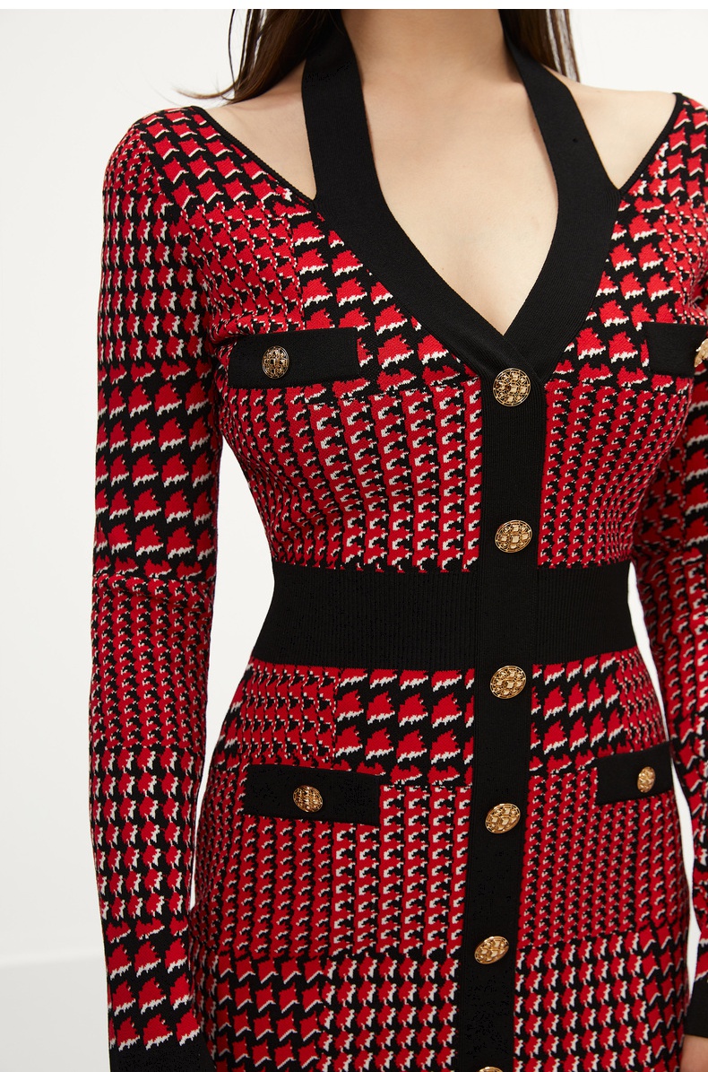 女装 连衣裙 bebe bebe2021秋冬新品女士提花千鸟格图案长袖连衣裙