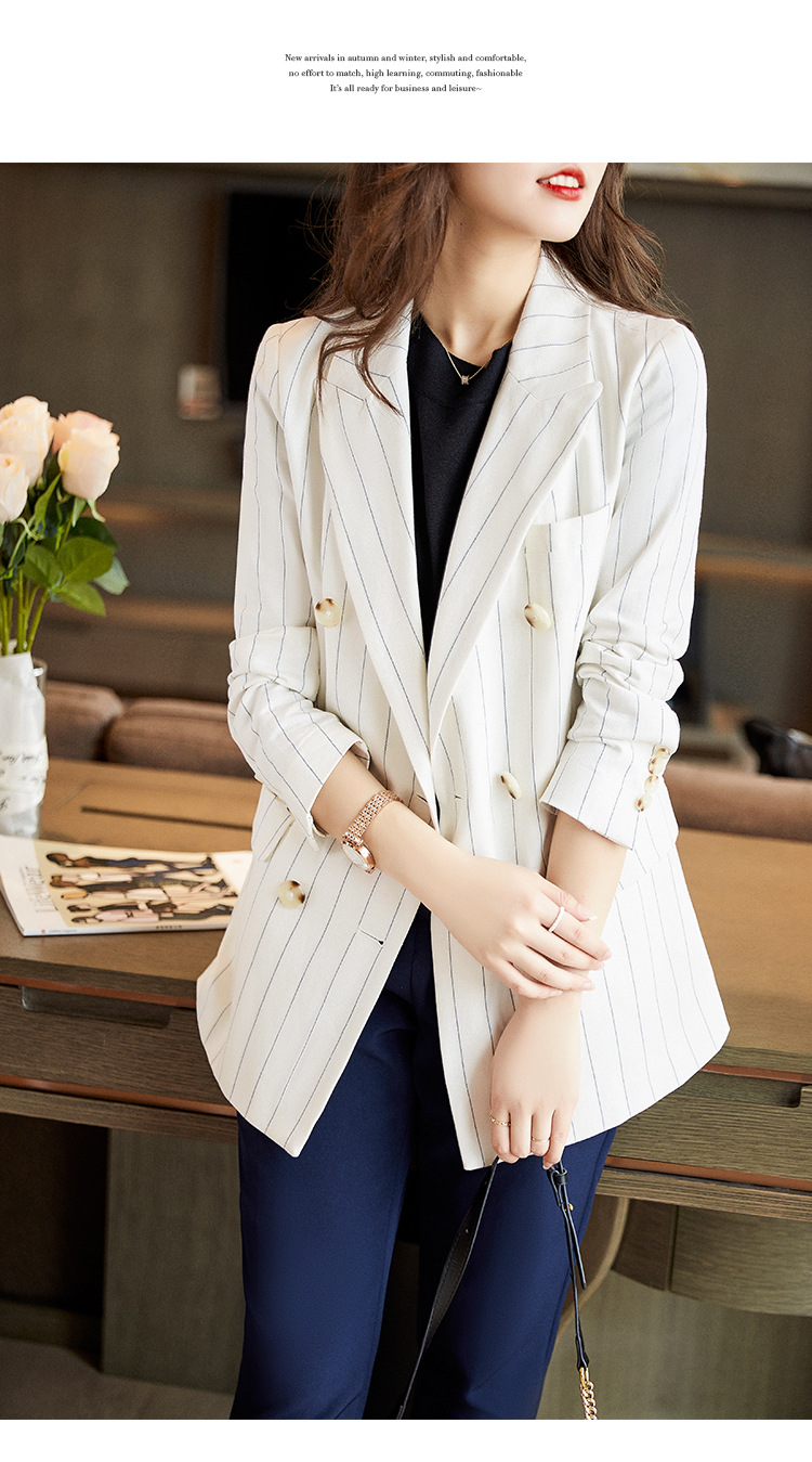 yolomdur高端轻奢女装棉麻小西装外套女士2021新款竖条纹上衣宽松休闲